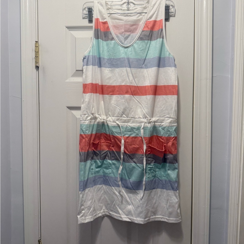Striped Sleeveless Dress with Drawstring